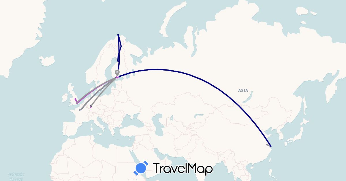 TravelMap itinerary: driving, plane, train in China, Germany, Finland, France, United Kingdom, Norway (Asia, Europe)